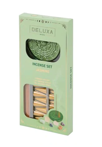 Sada jasmínových vonných tyčinek Deluxa, keramický stojan, konické vonné tyčinky.