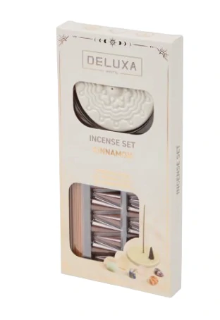 Sada skořicových vonných tyčinek Deluxa, keramický stojan, konické vonné tyčinky.